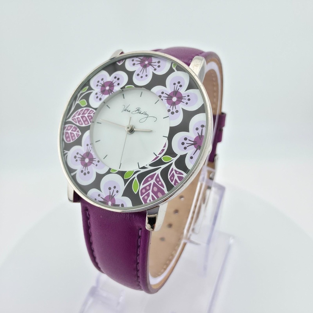VERA BRADLEY 'Plum Petals' Ladies Watch Purple Leather Band Silver Tone 7.5"